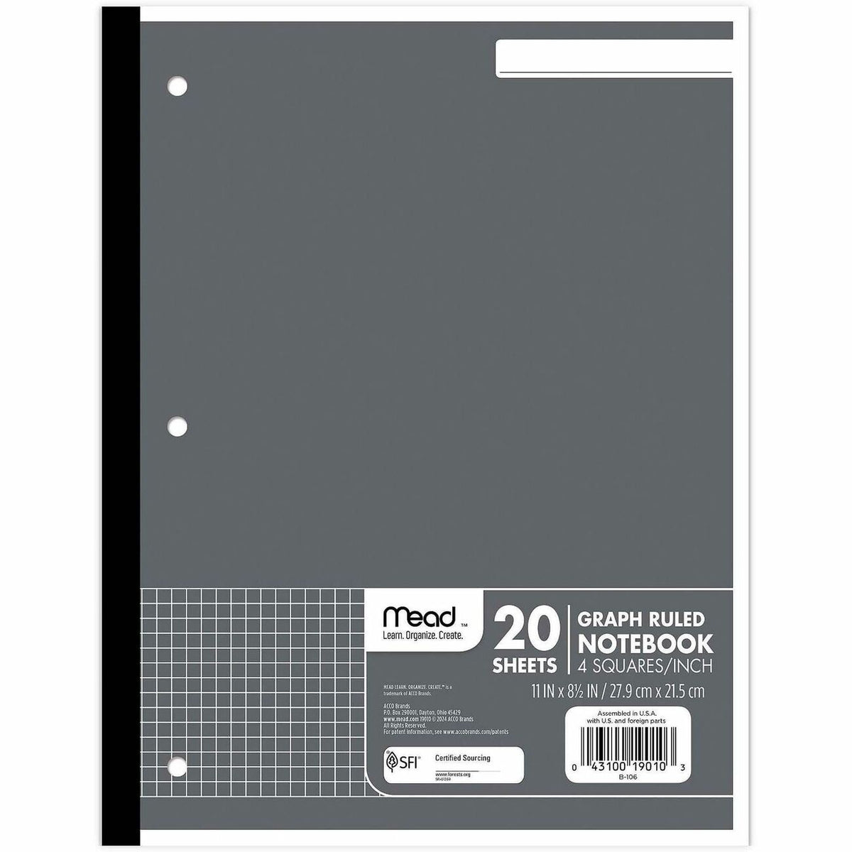 Mead Quad Ruled 3 - Hole Graph Paper - Letter