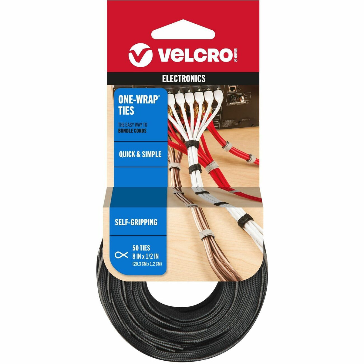 VELCRO® ONE-WRAP Thin Ties 8in x 1/2in Ties Gray & Black 50 ct