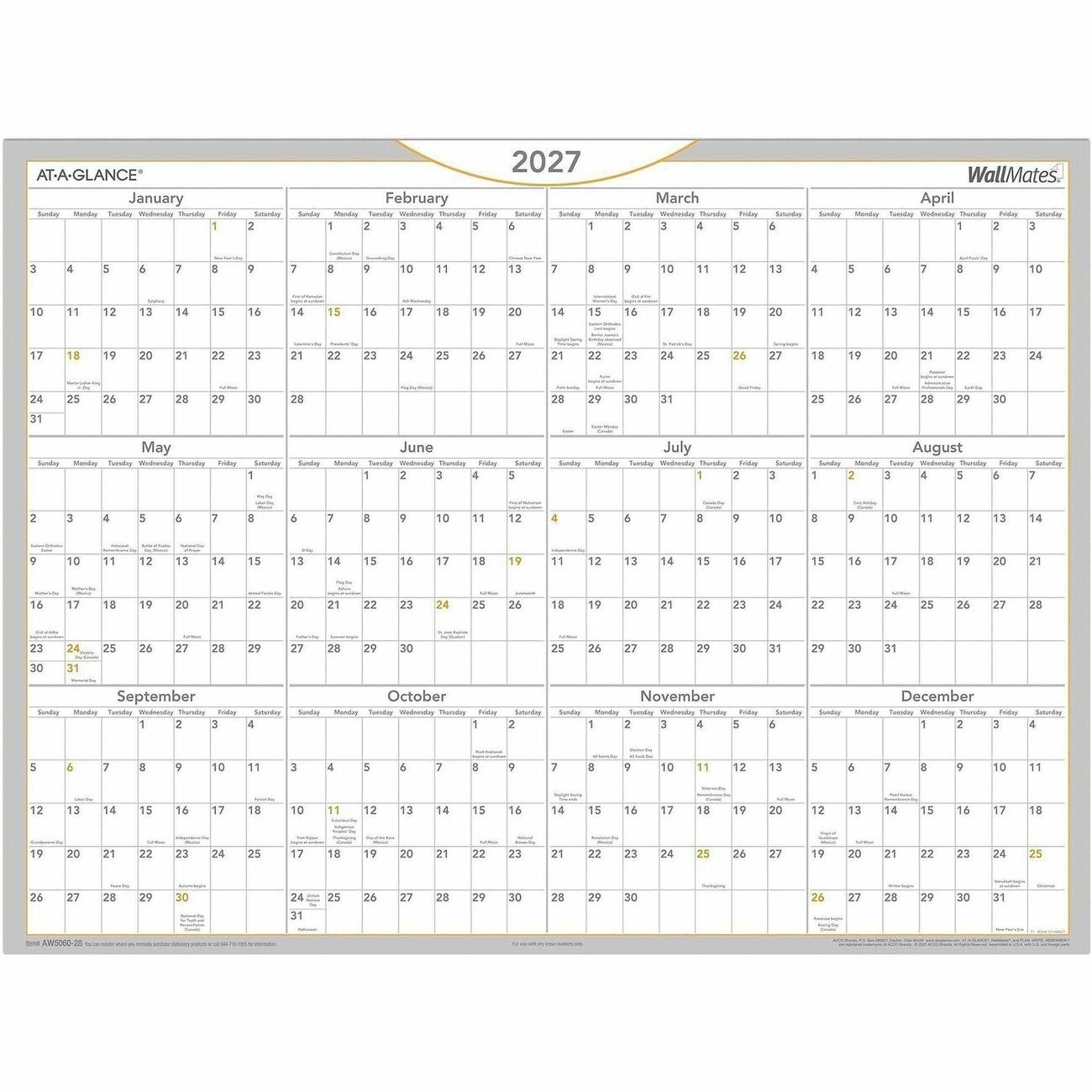 AT-A-GLANCE Calendar Yrly Dryerse 24X18