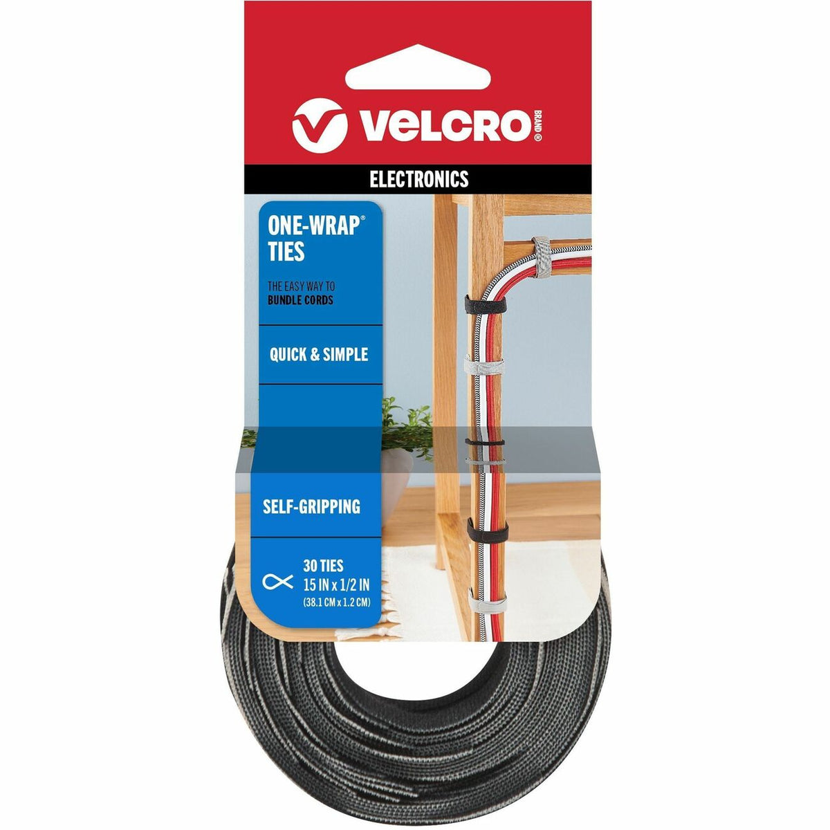 VELCRO® ONE-WRAP Thin Ties 15in x 1/2in Ties Gray & Black 30 ct