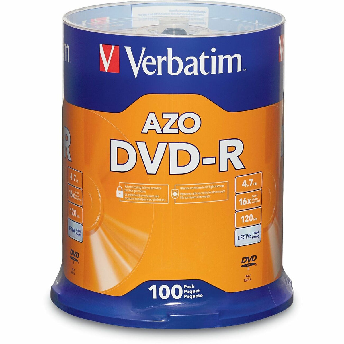Verbatim 95102 DVD Recordable Media - DVD-R - 16x - 4.70 GB - 100 / Pack - Silver