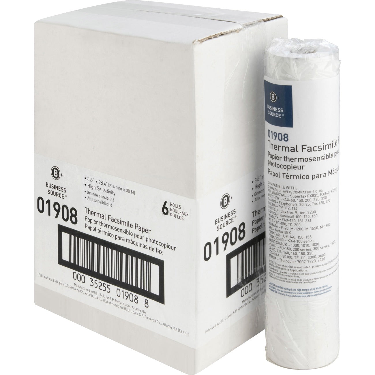 Business Source Fax Paper, 0.5" Core, 8.5" x 98'