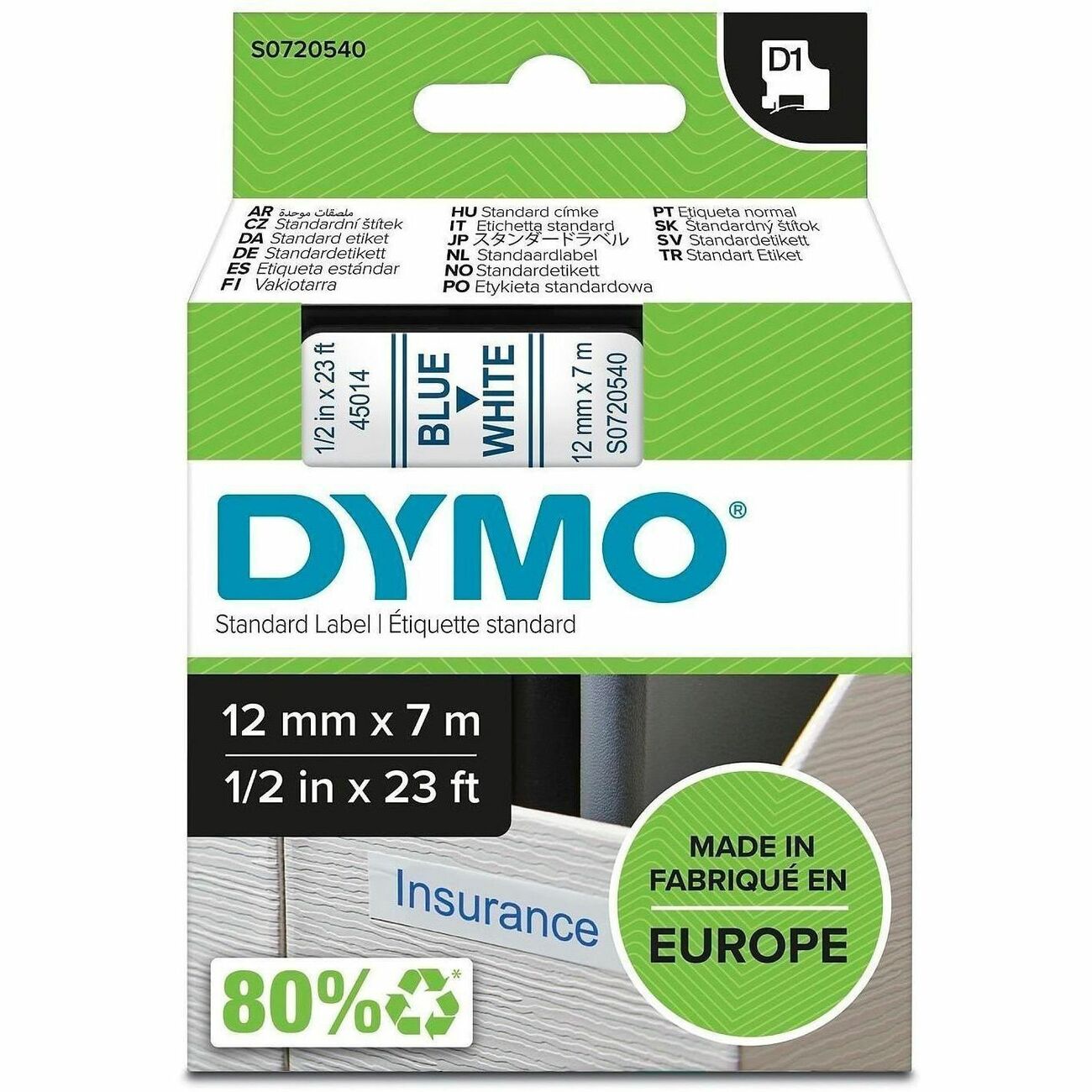 DYMO Cartridge Tape 1/2' Blue/White