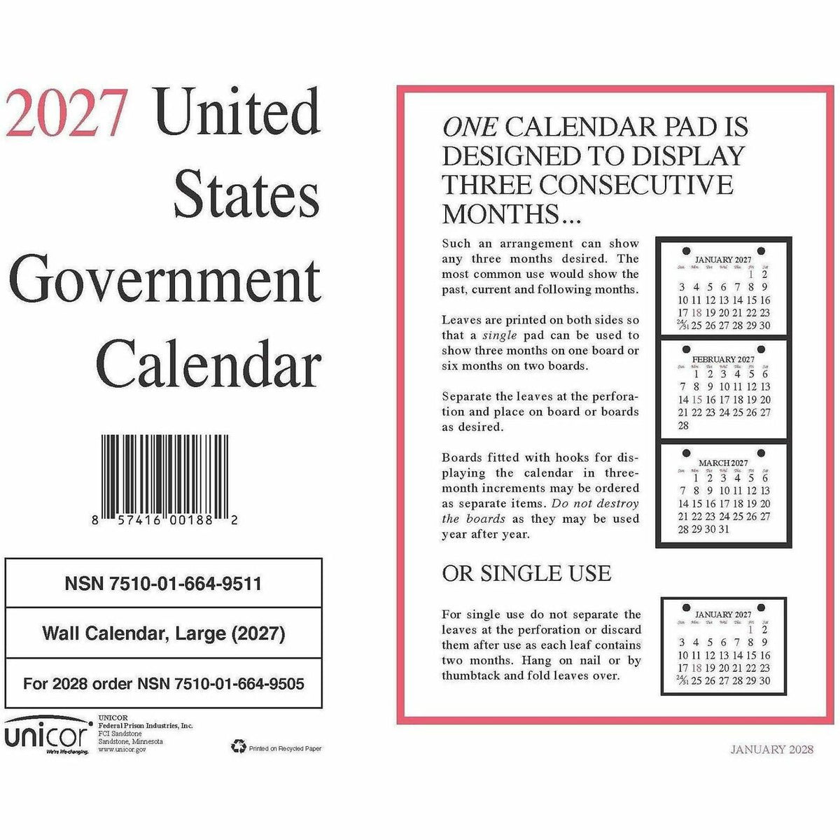Unicor Monthly Wall Calendar