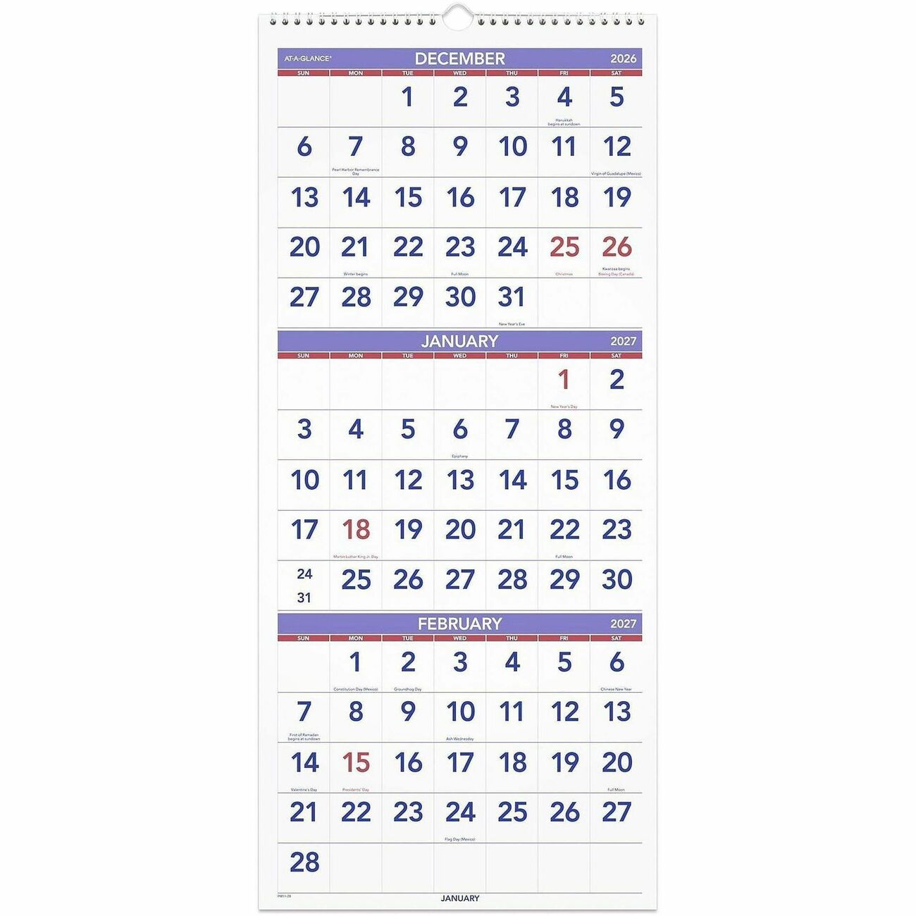 AT-A-GLANCE Calendar Wall 3Mth 12X27 We