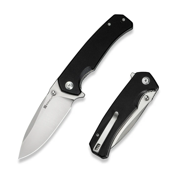 Skarnax Flipper/Thumb Stud Folding Knife 3.79"" Satin 9Cr18MoV Drop Point Plain Edge Blade, Black G10 Handle