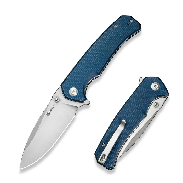 Skarnax Flipper/Thumb Stud Folding Knife 3.79"" Satin 9Cr18MoV Drop Point Plain Edge Blade, Blue Canvas Micarta Handle
