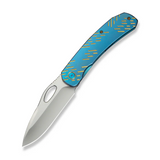 WEKNIFE Inmate Front Flipper & Thumb Hole Knife Blue Titanium Handle With Golden Raindrops (3.7"" Satin Finished CPM 20CV Blade)